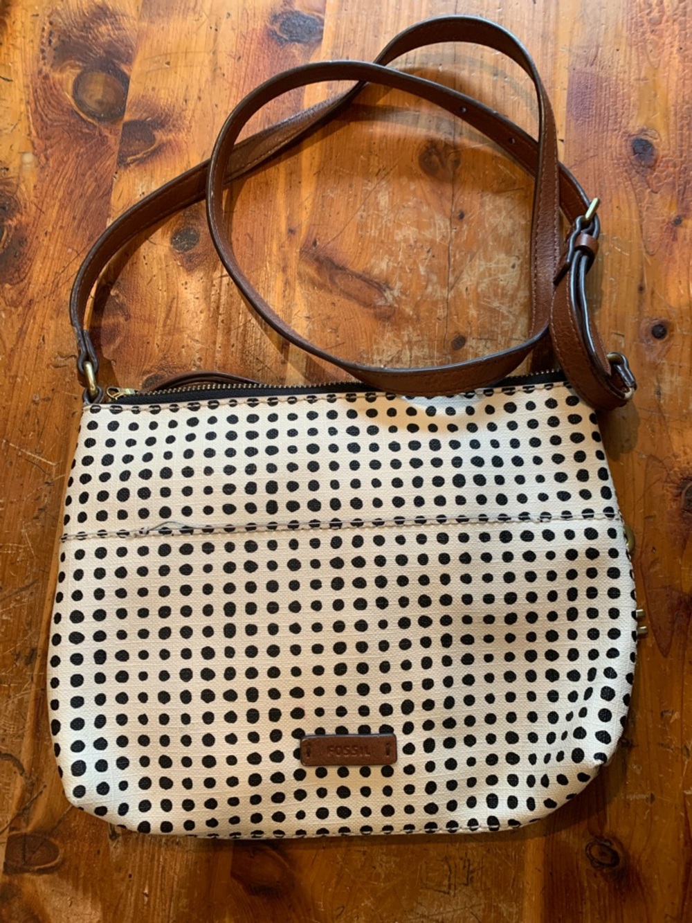 Fossil Black and White Polka Dot Crossbody with Brown Strap